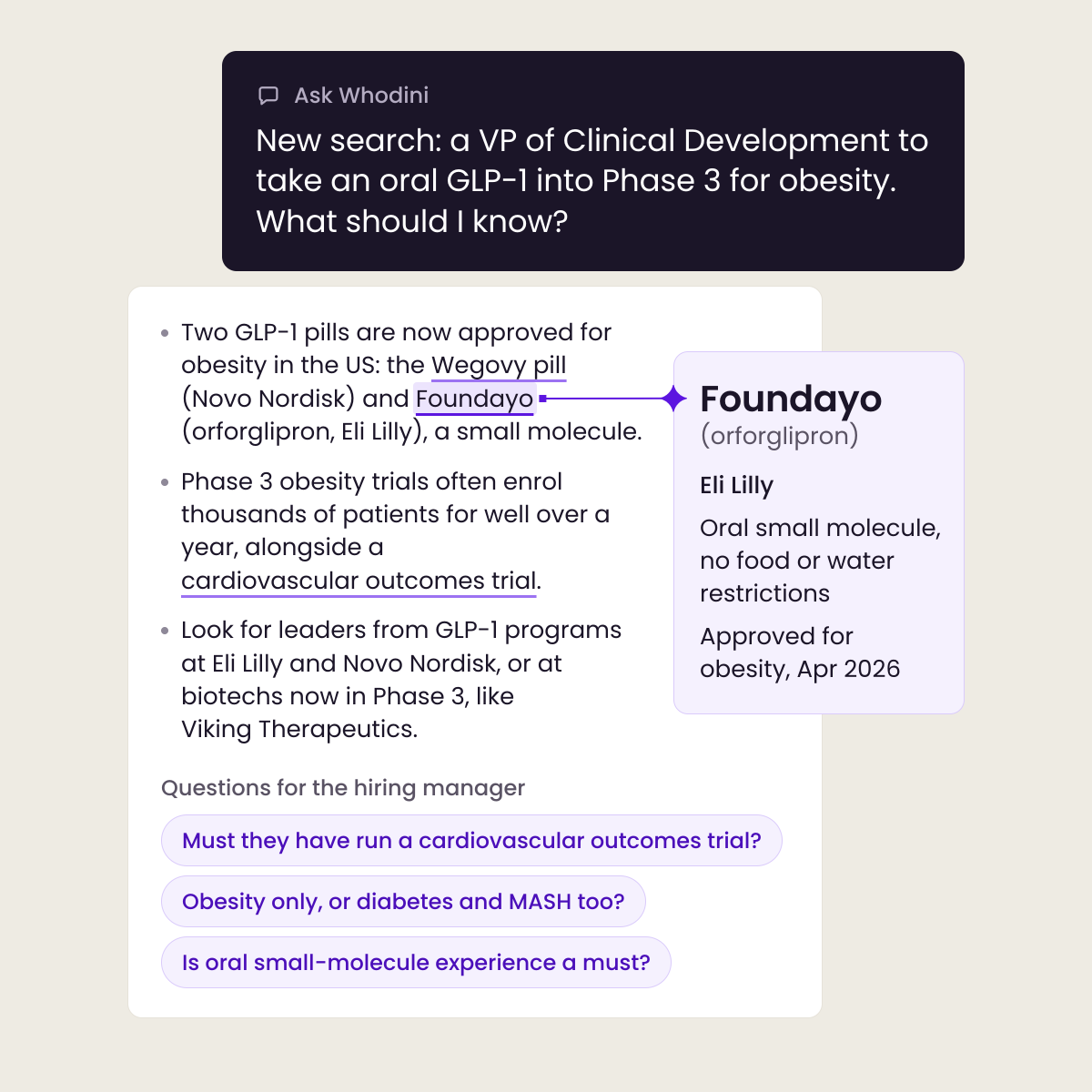 An Ask Whodini conversation. The recruiter asks what to know about a new search for a VP of Clinical Development to take an oral GLP-1 into Phase 3 for obesity. Whodini’s answer explains Foundayo (orforglipron), Eli Lilly’s oral small molecule approved for obesity in April 2026, and suggests three questions for the hiring manager.