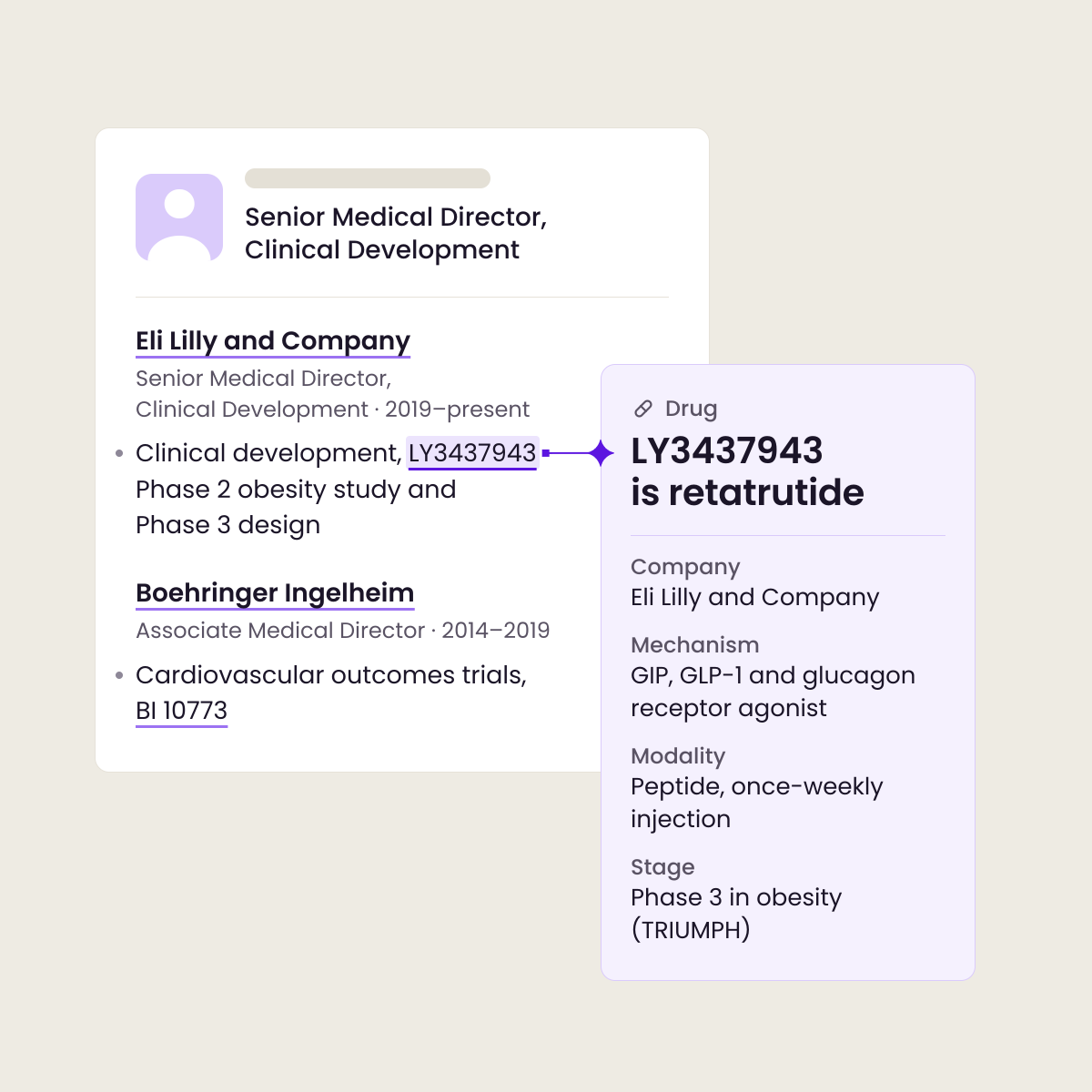 A fictional resume with its drug and company references highlighted. Whodini identifies the code LY3437943 as retatrutide, Eli Lilly and Company’s GIP, GLP-1 and glucagon receptor agonist, in Phase 3 for obesity.